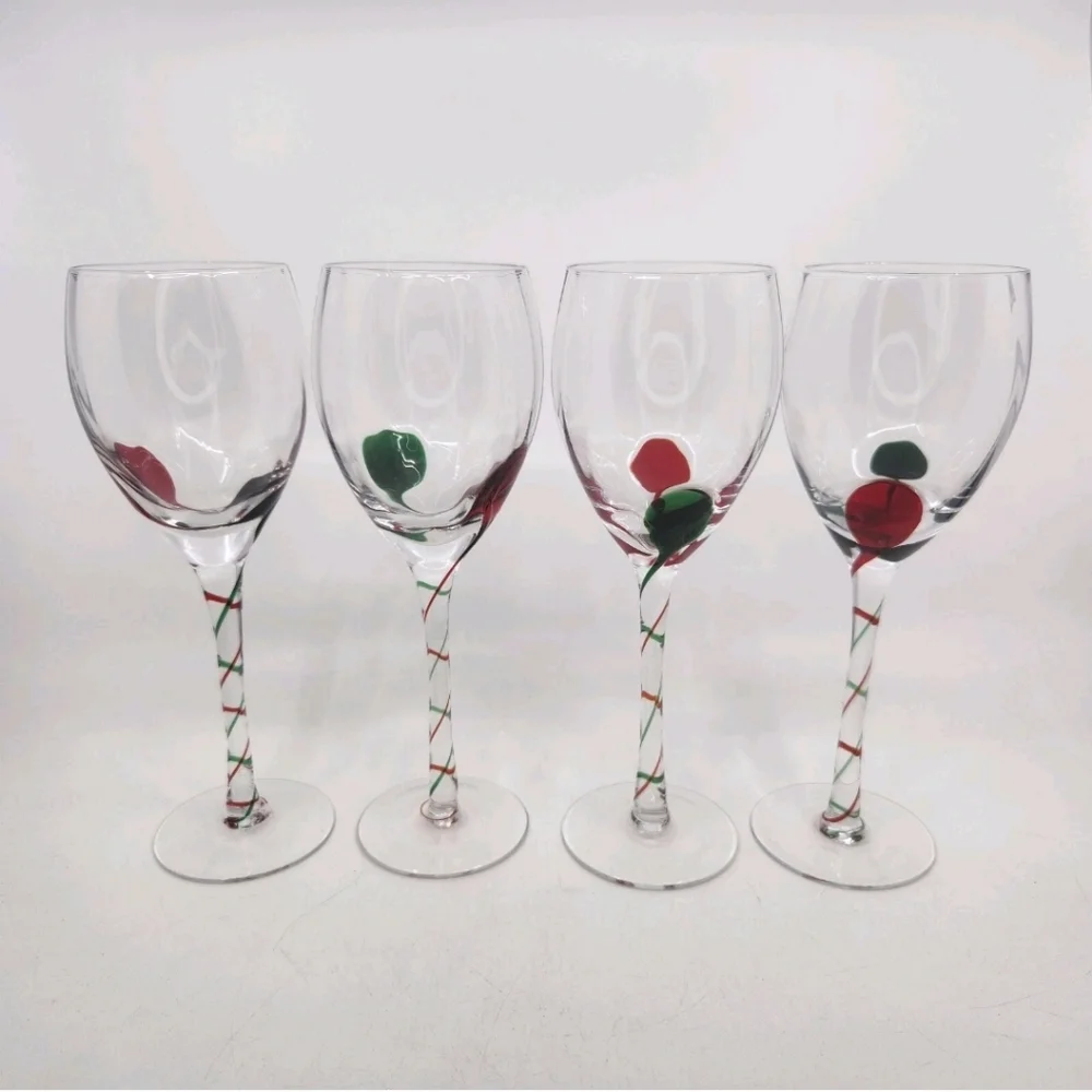 Pier 1 Red Green Teardrop Ribbon Swirl Stemmed Wine Glasses Goblets P1C41 Set 4